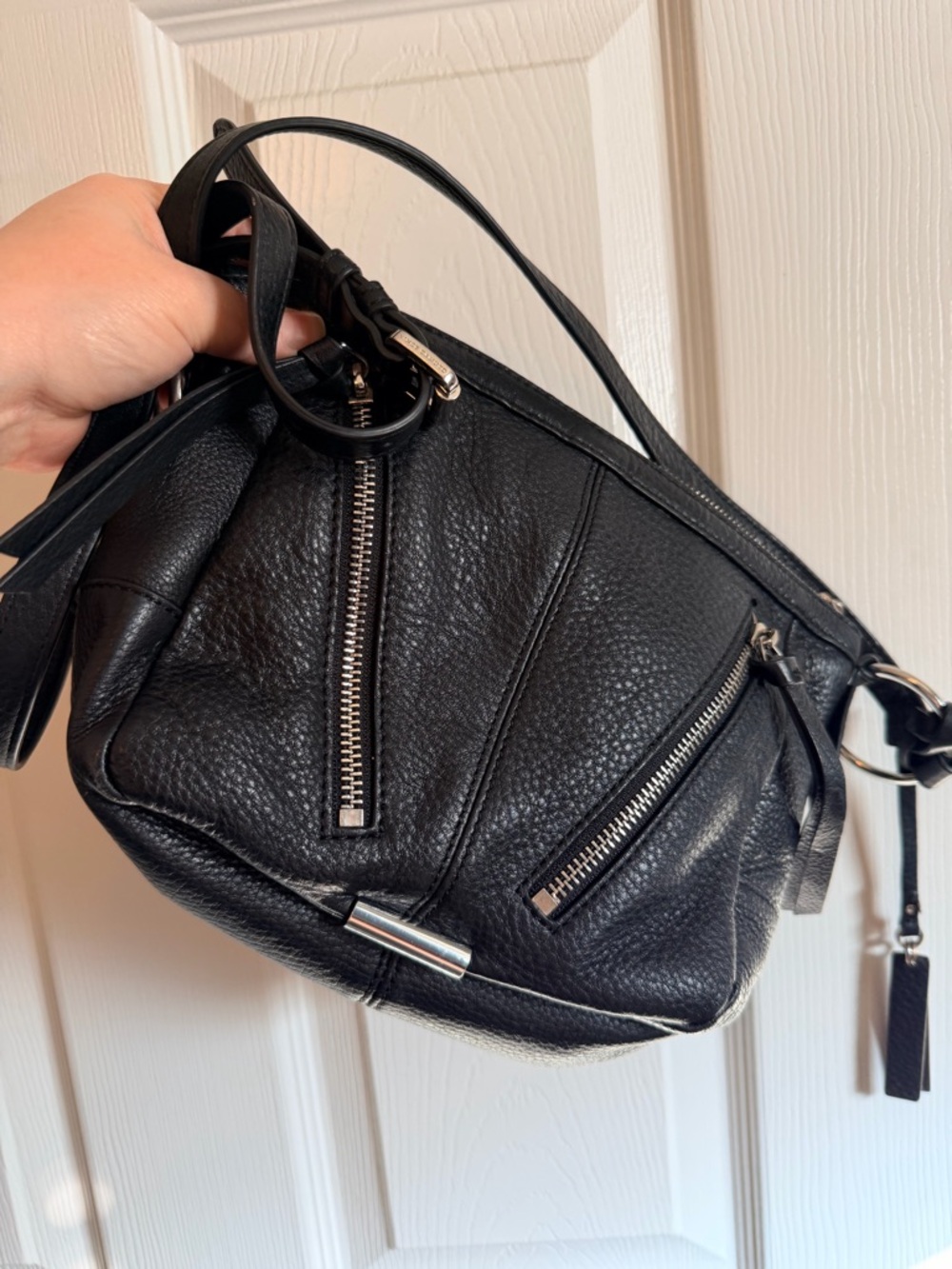 Vince Camuto Black Pebbled Leather Shoulder Bag with Silver Hardware
